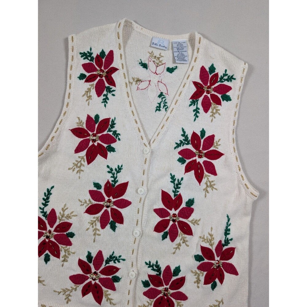 Bobbie Brooks Beaded Christmas Vest Poinsettia Sweater Red Cream XL Holiday
